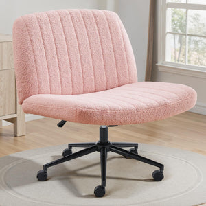 Criss Cross Chair with Wheels Wide Cross Legged Office Desk Vanity Chair Comfy Fabric Armless Adjustable Swivel for Home Computer Task Teddy Pink