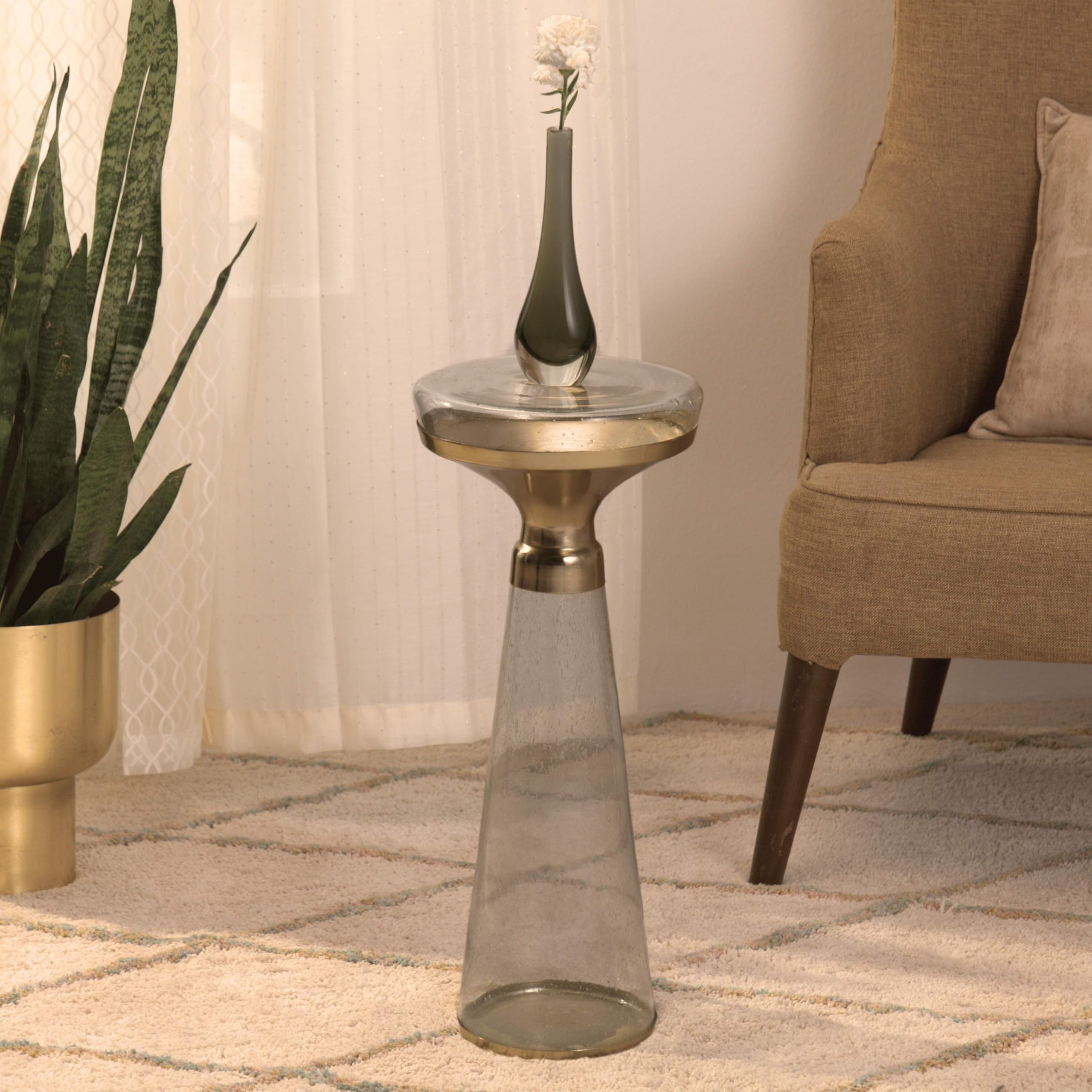 Modern Decorative Round Drink Table with Glass Base and Top with Gold Metal Accent, Martini, Gold Pedestal Table, Tall Side Table, Small Space end Table, for Living Room & Bedroom, Clear,Assembled