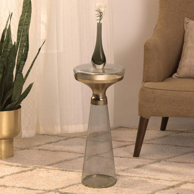Modern Decorative Round Drink Table with Glass Base and Top with Gold Metal Accent, Martini, Gold Pedestal Table, Tall Side Table, Small Space end Table, for Living Room & Bedroom, Clear,Assembled