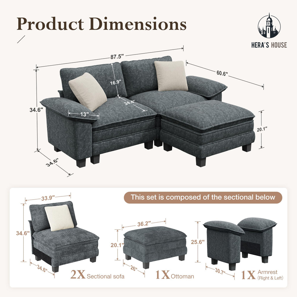 88" Modular Sectional Sofa, L Shaped Couches for Living Room, Comfy Cloud Couch with Ottoman, 3-Seater Deep Seat Sofa with Throw Pillow, Chenille Blue