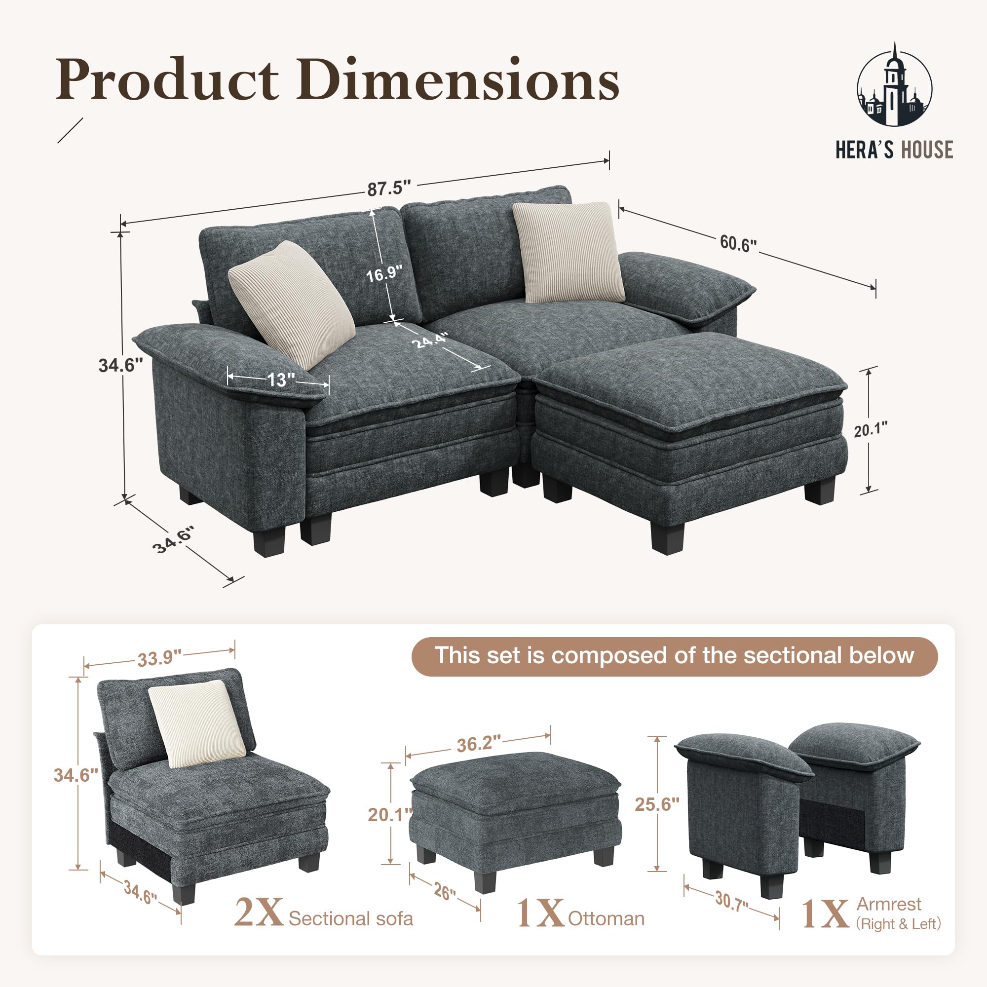 88" Modular Sectional Sofa, L Shaped Couches for Living Room, Comfy Cloud Couch with Ottoman, 3-Seater Deep Seat Sofa with Throw Pillow, Chenille Blue