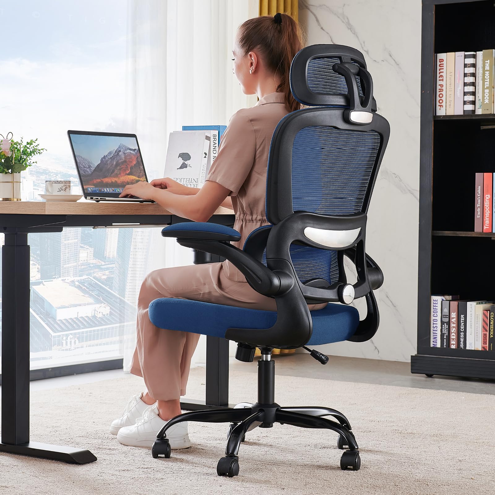 Office Chair Ergonomic Desk Chair, 330 LBS Home Mesh Office Desk Chairs with Wheels, Comfortable Gaming Chairs (Dark Blue)