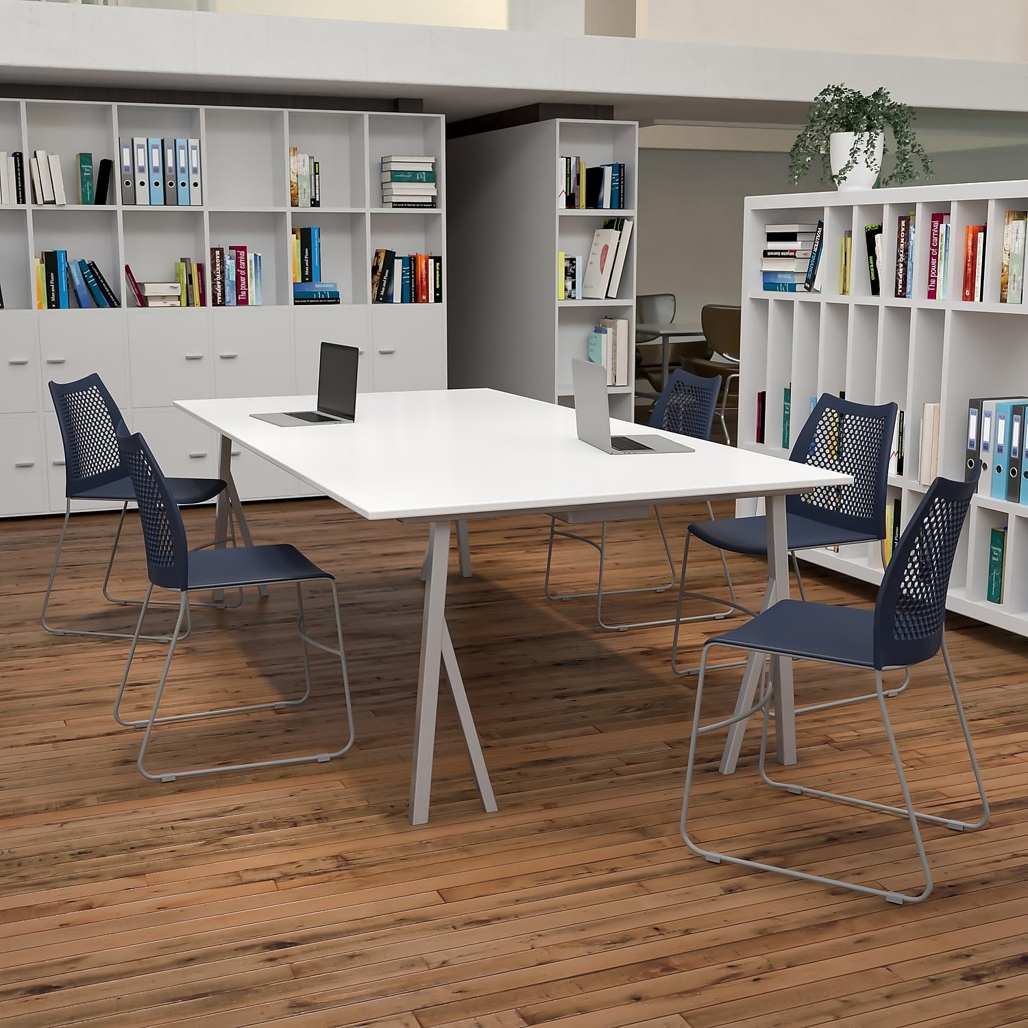 Set of 5 Navy, Orange, Hercules Series Contoured Lobby Chairs with Air-Vent Honeycomb Backs, Ergonomic Stacking Chairs for Offices