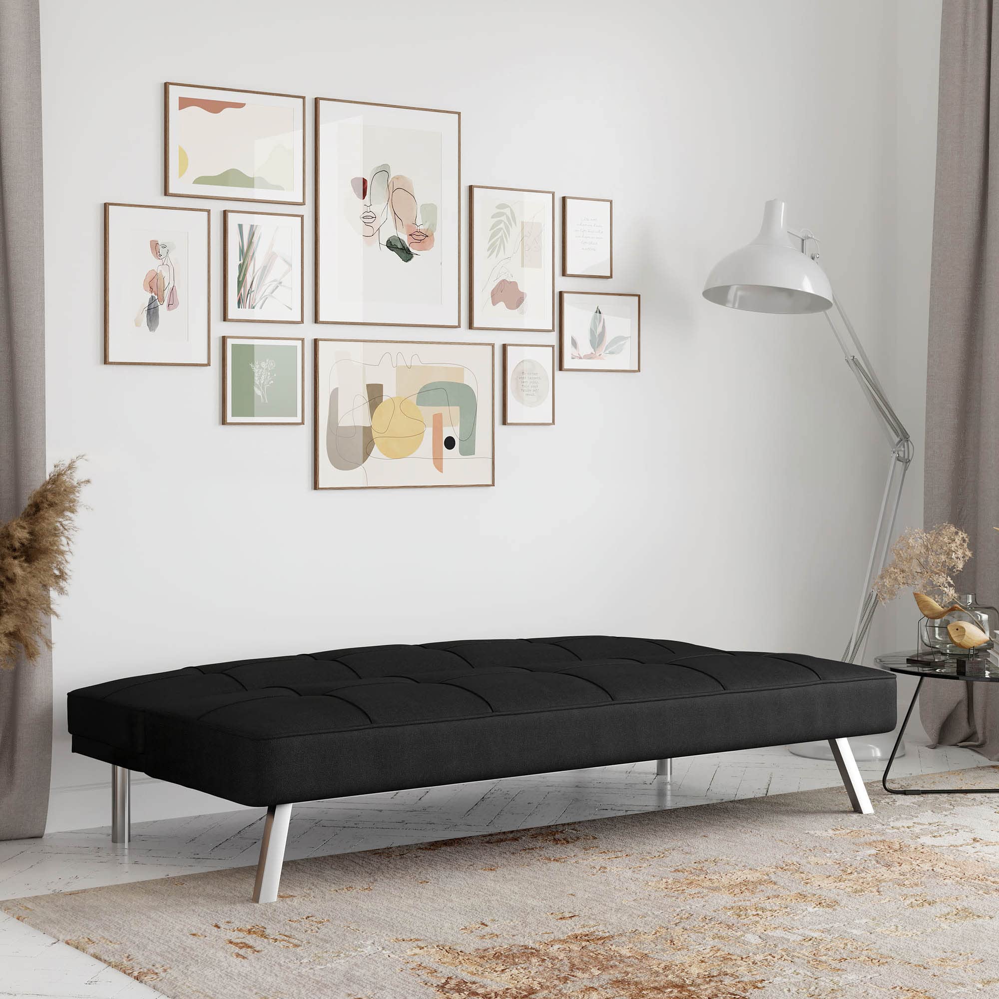 Futon Sofa Bed 66.1", 3-in-1 Convertible Couch Sleeper for Small Spaces, Tufted Back, Twin Size Guest Bed, Black Woven Fabric