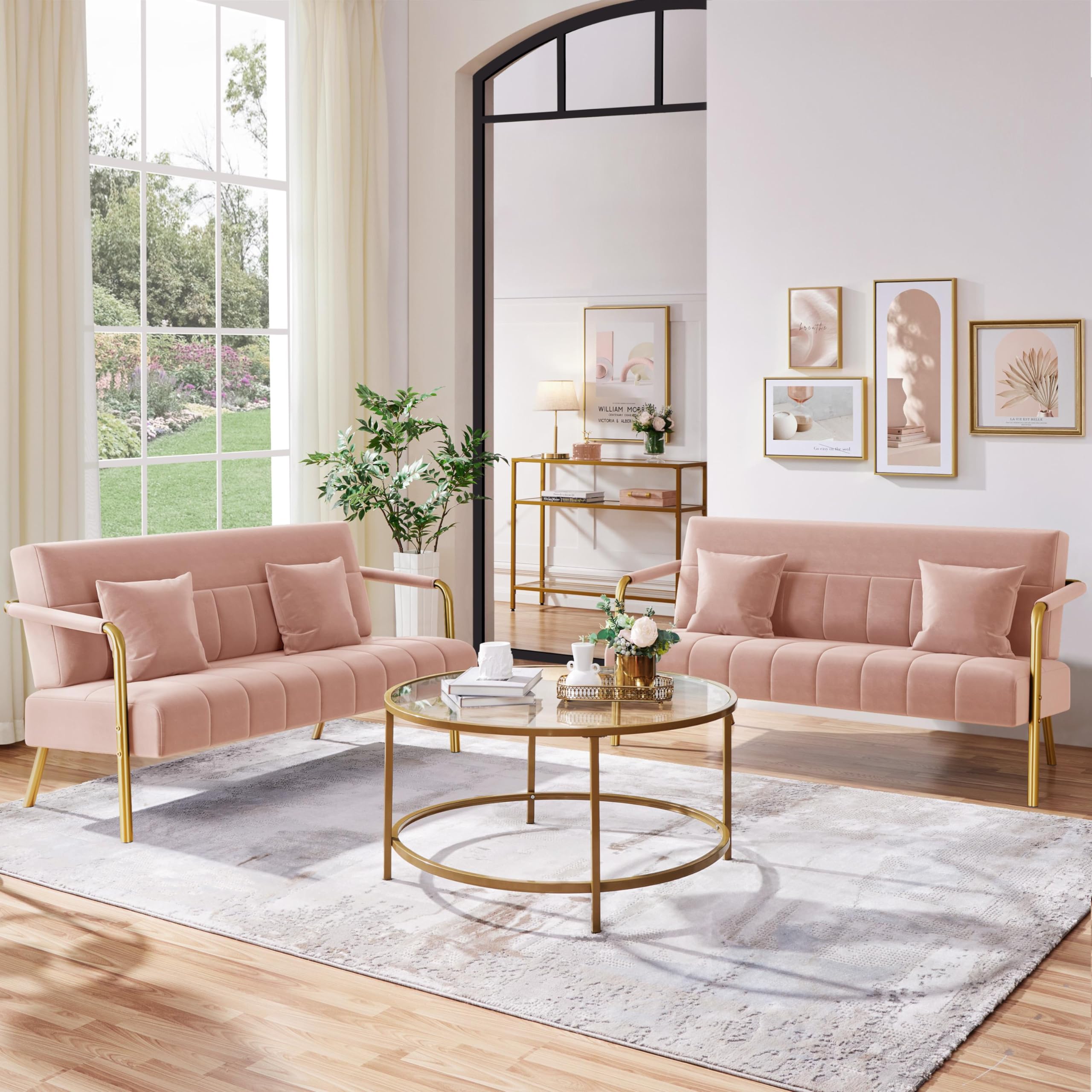 56.5" W Modern Sofa Small Sofa Luxurious Velvet Fabric Couch with Gold-Tone Metal Arms and Legs for Living Room, Home Office, Studio Pink
