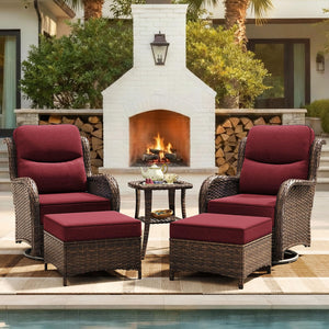 Luxury Patio Furniture Set with 6-inch Thick Cushion, Outdoor High Back Swivel Rocker Patio Chairs, 5PCS Wicker Conversation Set for Deck Yard and Poolside, Burgundy (V2)