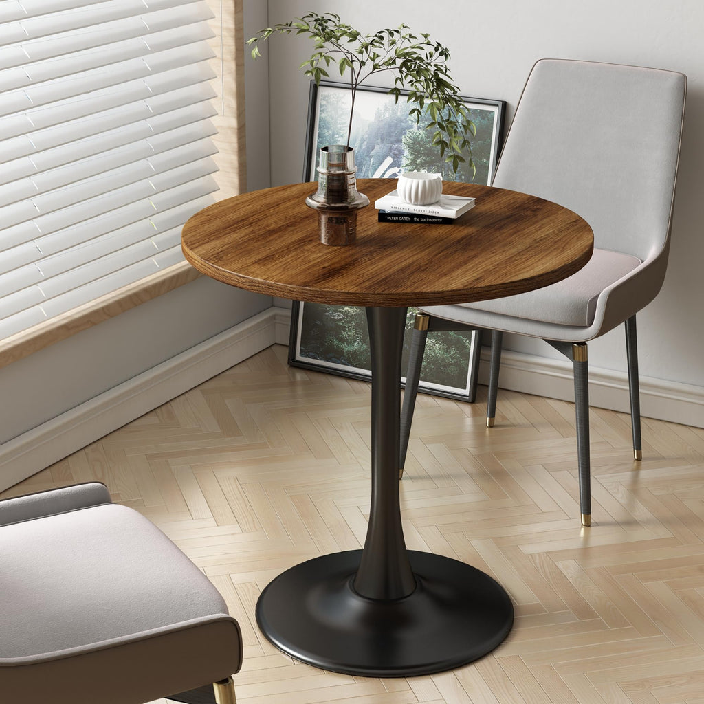 Round Dining Table 27.5" Circle Tulip Table with Wood Thickened Tabletop & Sturdy Metal Pedestal Mid Century Modern Farmhouse Kitchen Tables for 4 Small Places Living Room Cafe,Somber Walnut