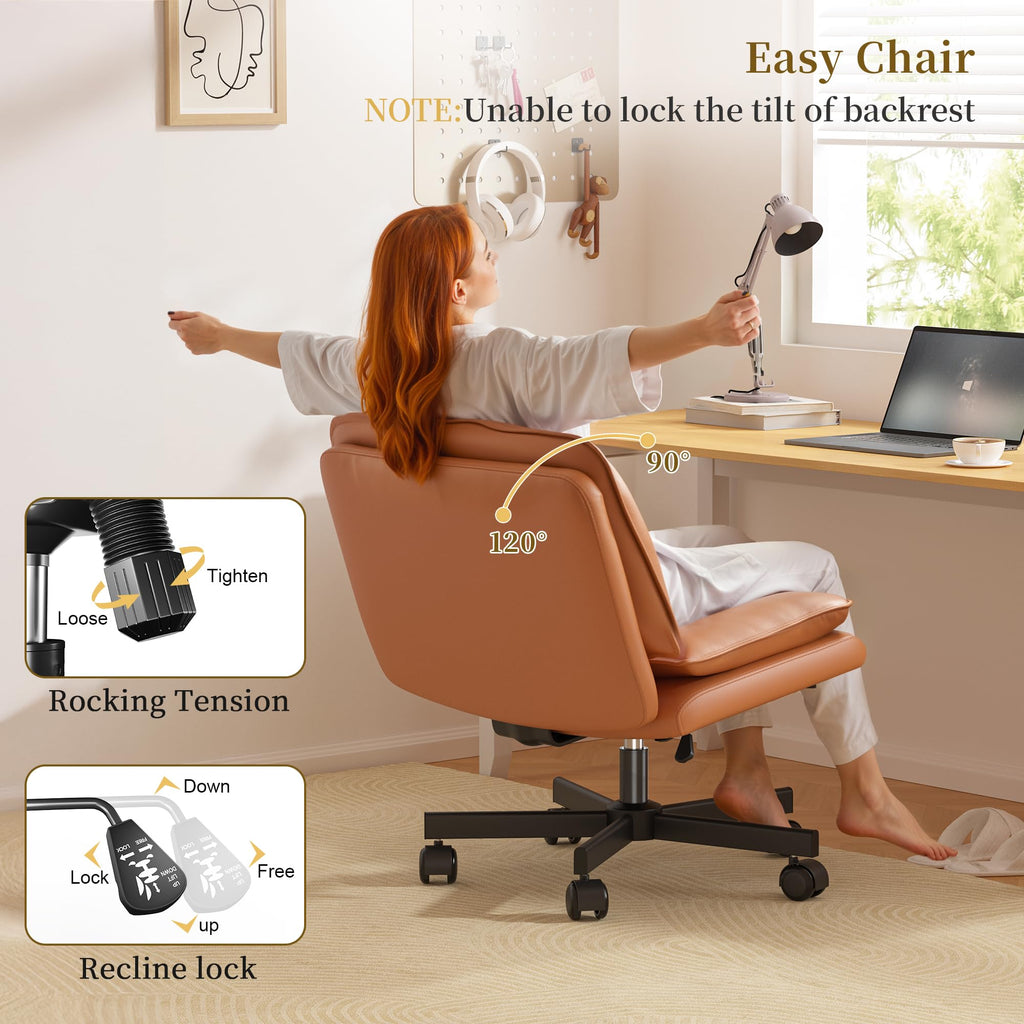Criss Cross Chair with Wheels,Cross Legged Office Chair with 2 Layer Cushion,Comfy Wide Seat,Adjustable,Leather,Amless, for Home,Office,Bed Room Vanity,Orange