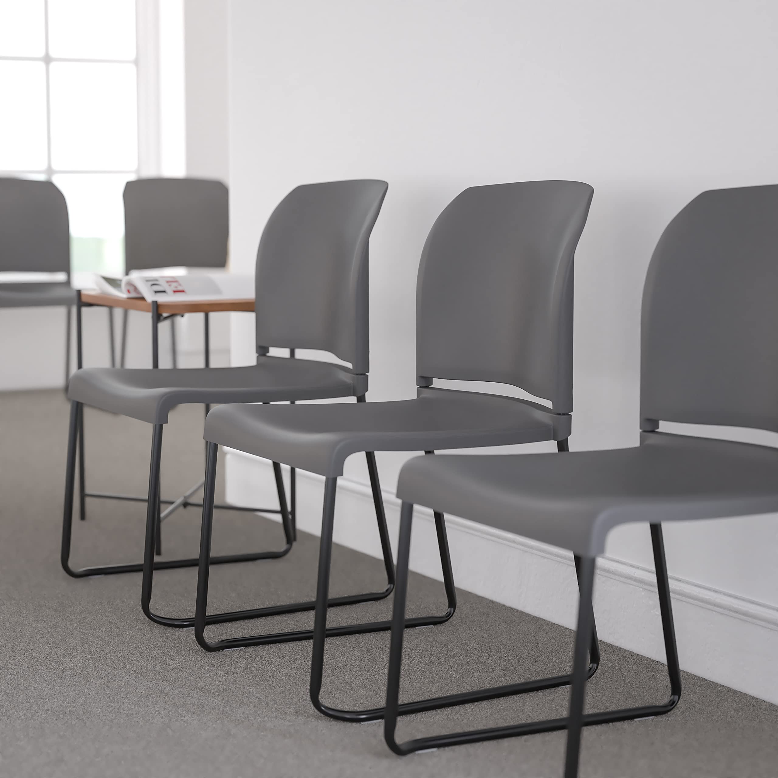 Set of 5, Gray, Hercules Series Contoured Stacking Chairs for Waiting Rooms and Offices, Ergonomic Lobby Chairs with Curved Back