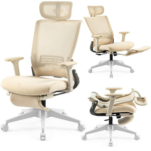 Foldable Office Chair with Foot Rest, Ergonomic Office Chair with Adjustable Lumbar Support, Headrest, Armrest, Home Office Desk Chair for Space Saving, Work from Home, Cream
