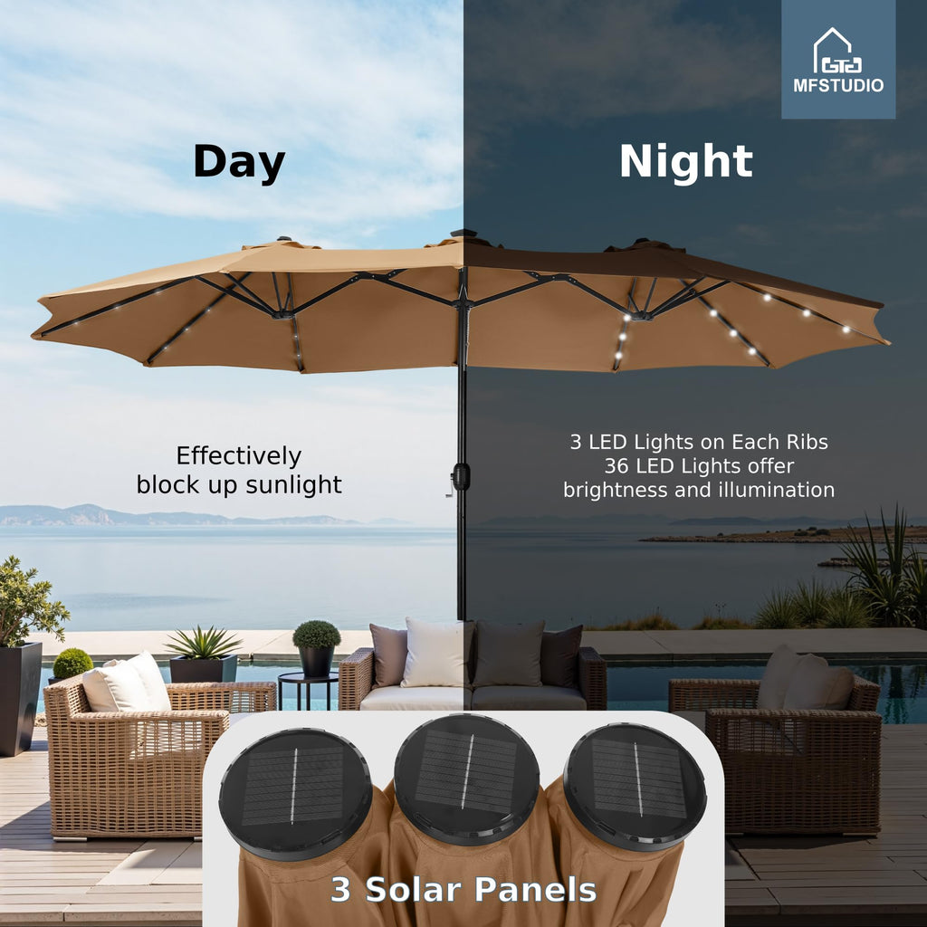 15ft Double Sided Patio Umbrella with Solar Lights, Outdoor Large Umbrellas with Crank Handle and 36 LED Lights, Rectangular Market Umbrella with Base Included for Deck Pool Shade, Tawny