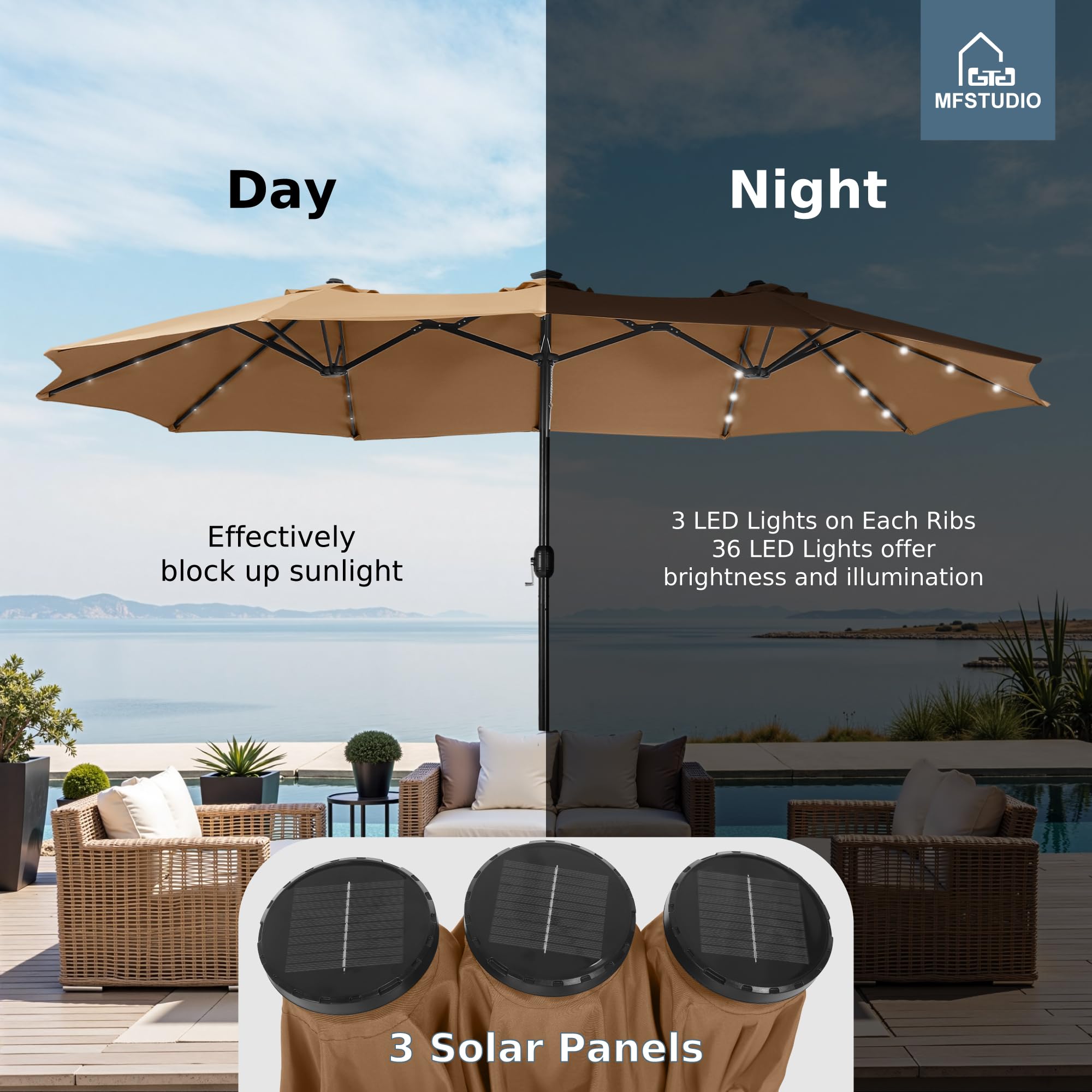 15ft Double Sided Patio Umbrella with Solar Lights, Outdoor Large Umbrellas with Crank Handle and 36 LED Lights, Rectangular Market Umbrella with Base Included for Deck Pool Shade, Tawny