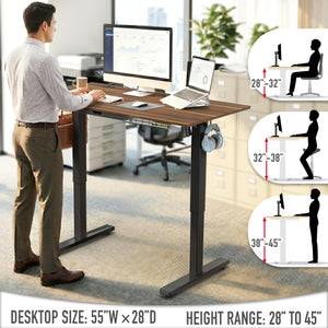 55 x 28 Inches Electric Height Adjustable Standing Desk with Drawer and Memory Preset, Walnut