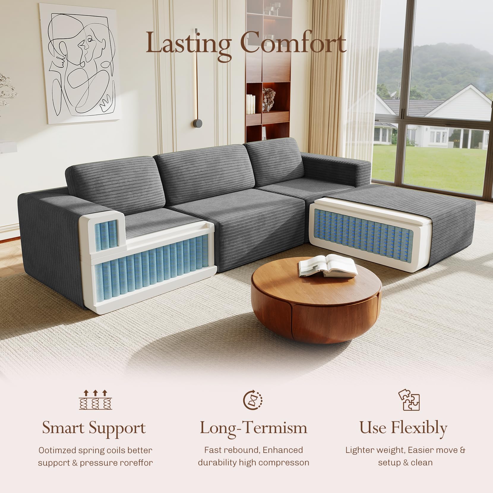119" L-Shaped Modular Sectional Sofa, Corduroy Cloud Couch with Deep Seating & Spring Support, Flexible Layout Sofa with Ottoman, Boneless Style, No Assembly Required, Grey