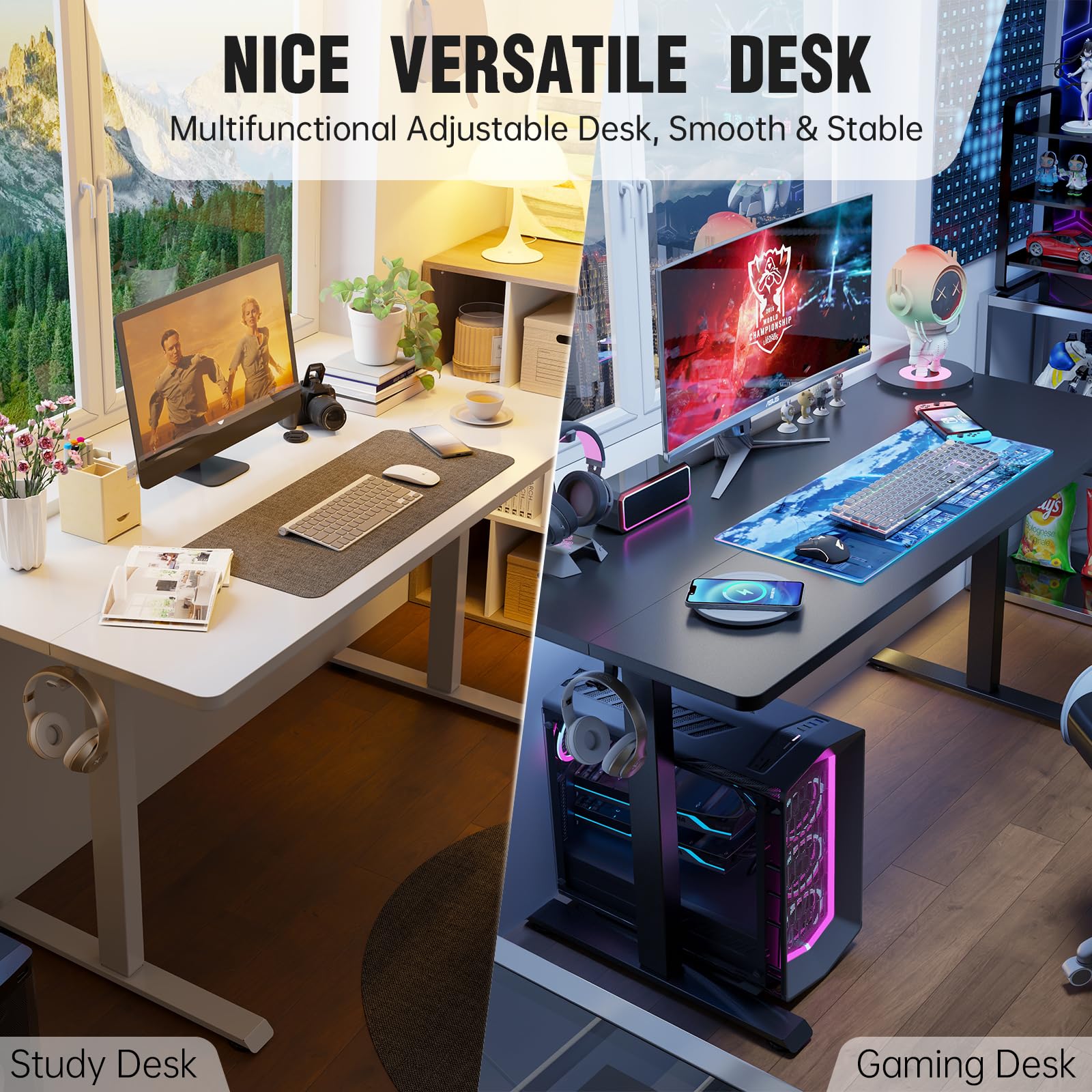 63x27.6 Inch Large Electric Standing Desk, Heights Adjustable,Sit to Stand Up, Work Home Office Computer Table for Walking Pad, Wooden Desktop Desks, Black