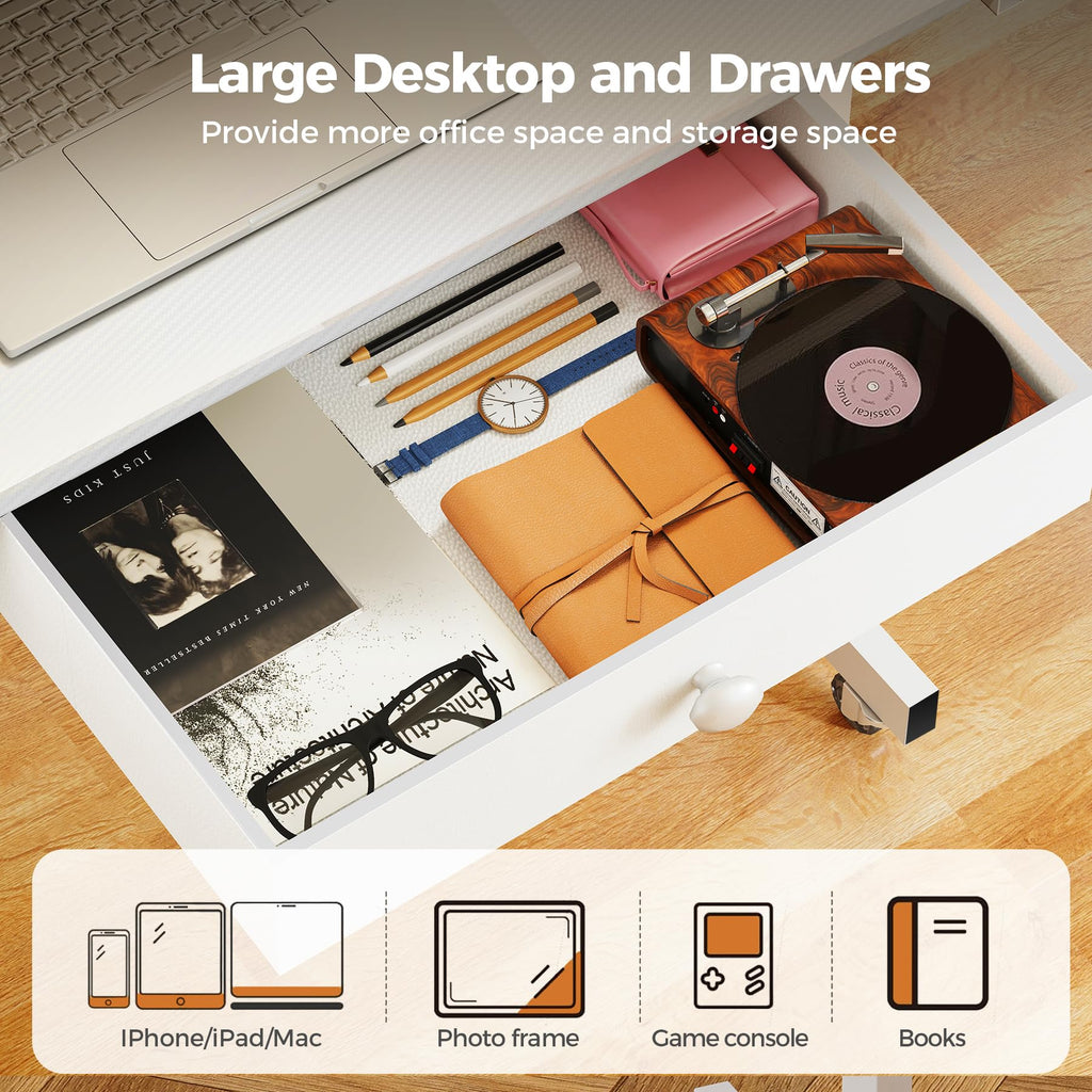 Portable Standing Desk Adjustable Height 30.7"-46.4", Standing Desk with Drawers, Mobile Rolling Computer Desk for Home Office Work and Walking Pad Treadmill, Carbon Fiber White