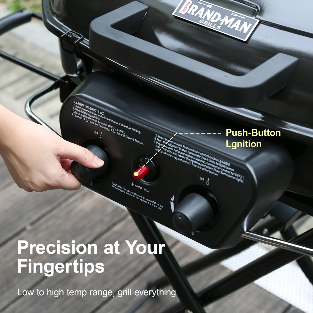 Portable Propane Gas Grill with Folding Cart and Push-Button Ignition, Standup Design for Camping, Tailgating, Backyard BBQ, Patio, Outdoor Cooking (Black)