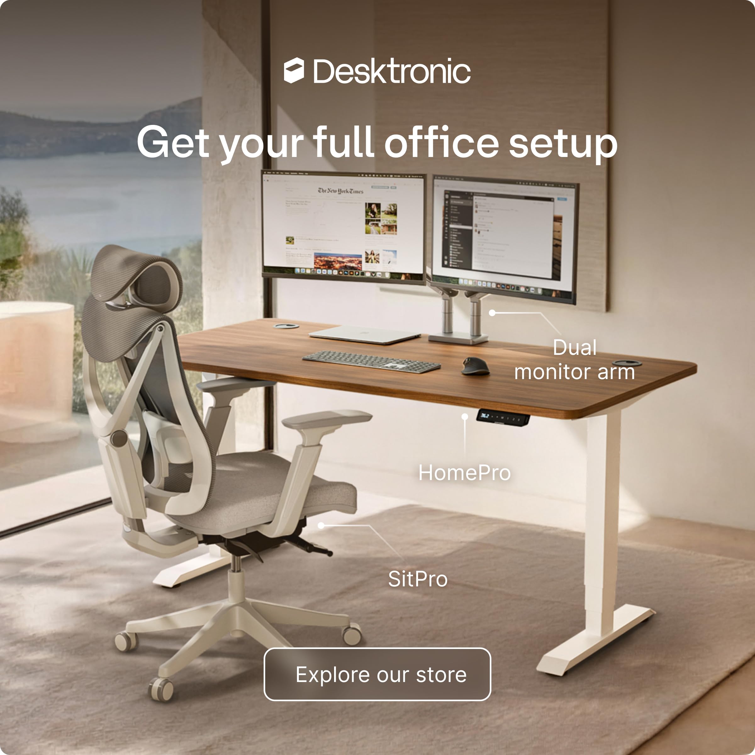 HomePro Standing Desk 54x28 — Made in Europe, Ergonomic Sit Stand Home Office Desk, Electric Height Adjustable, Dual Motor, USB & USB-C Charging, Wobble-Free, Touchscreen, 3 Memory Presets