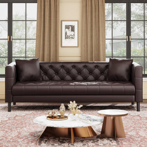 81 in Leather Couch for Living Room, Modern Sofa Couch with Deep Seat and 2 Pillows, Handmade Button Tufted 3 Seater Sofa, Leather Sofa for Apartment, Office, Dark Brown