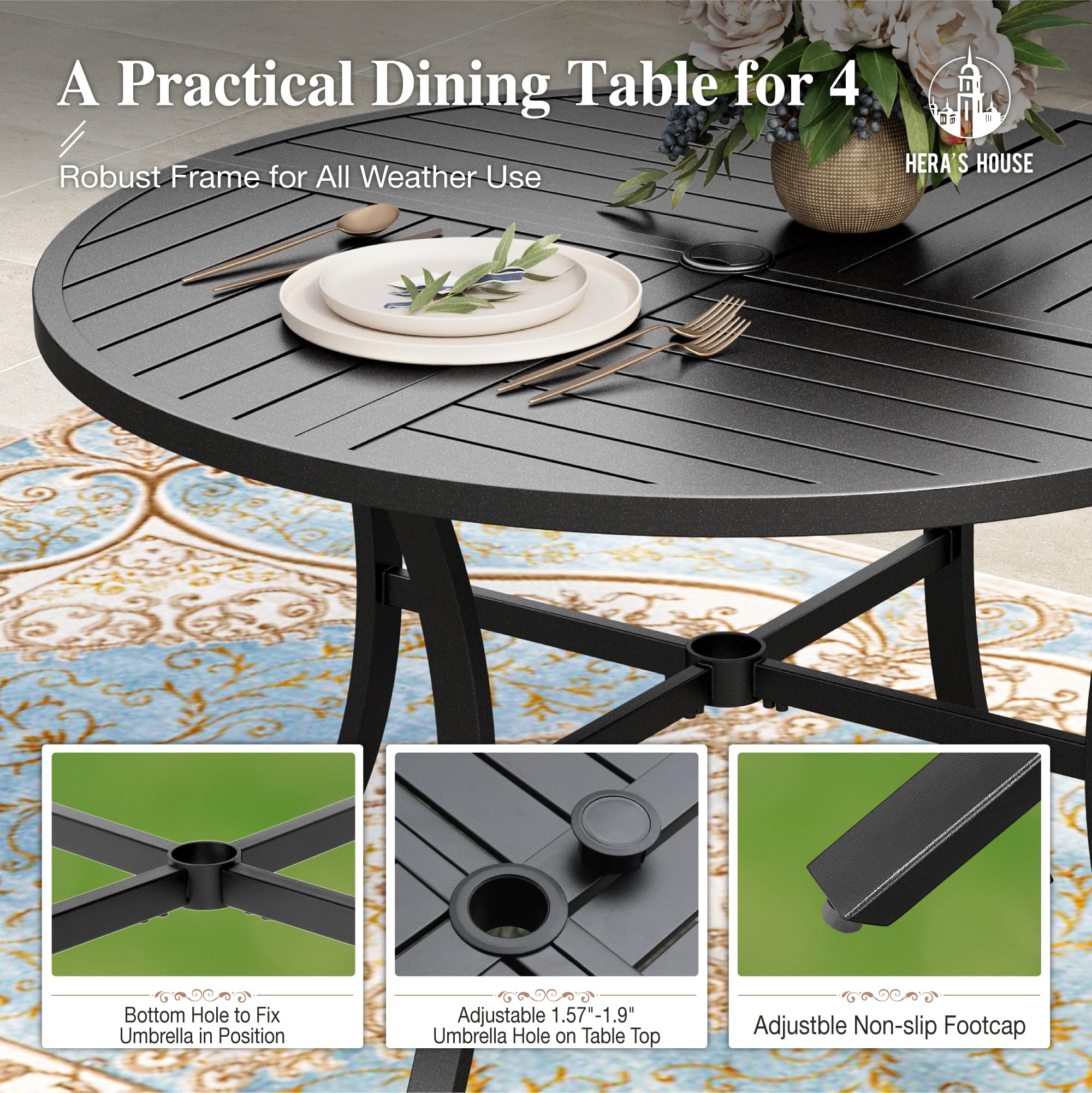 Round Patio Dining Set, 5 Piece Outdoor Metal Table and Chairs Set for Lawn Garden Backyard Deck