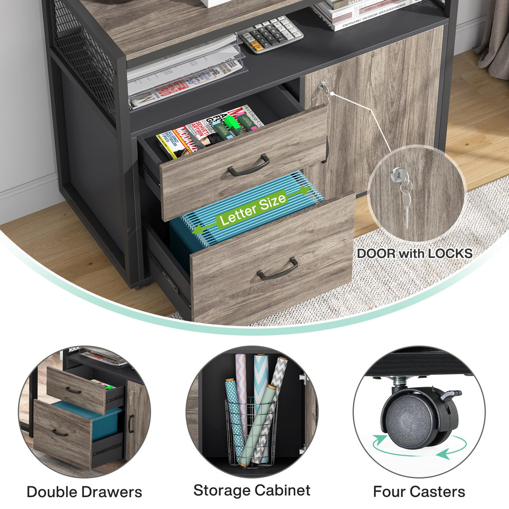 L Shaped Desk with Drawer Cabinet, 55" Executive Computer Desk and lateral File Cabinet, 2 Piece Home Office Furniture with Drawers for Hanging File, Doors with Locks (Gray, 55 inches)