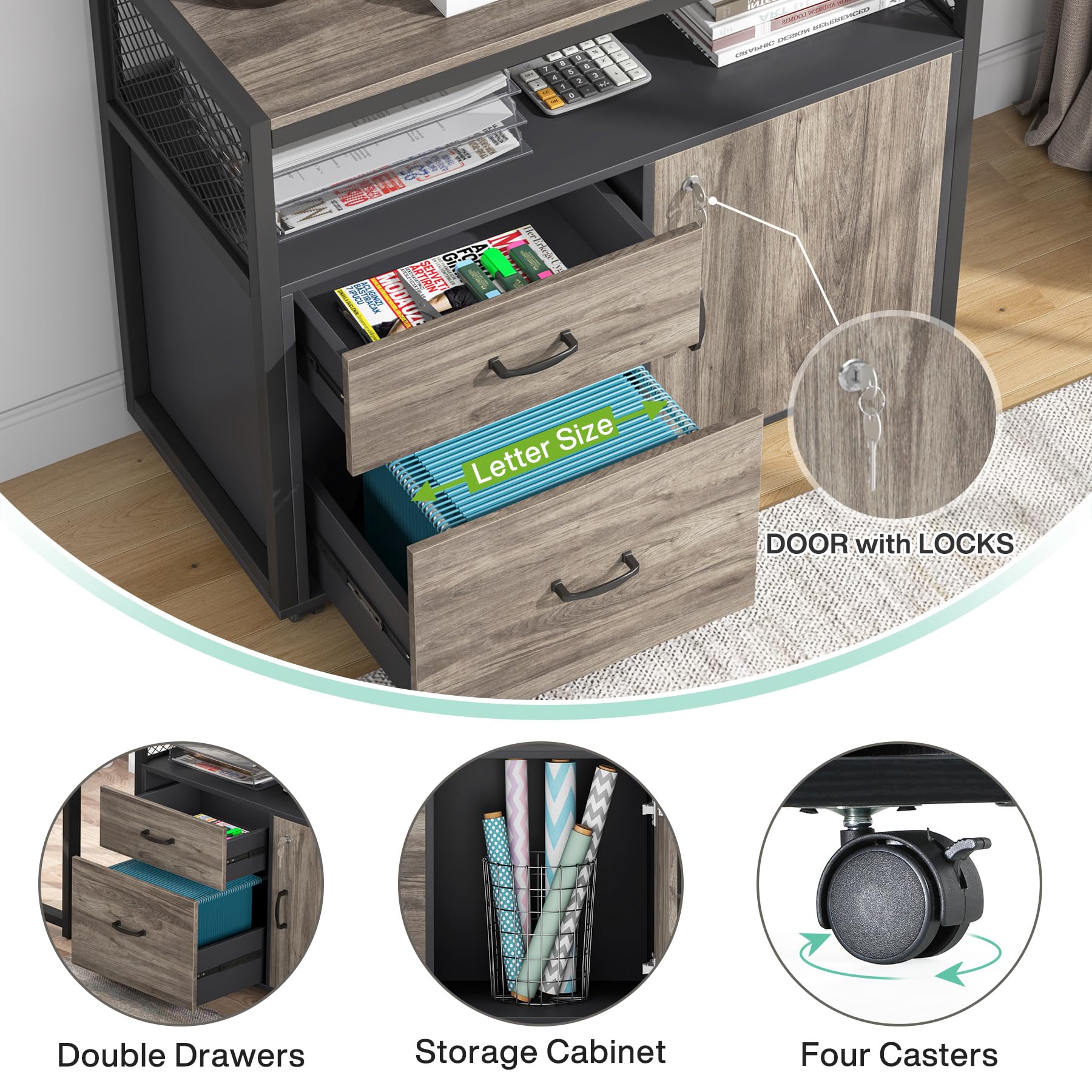 L Shaped Desk with Drawer Cabinet, 55" Executive Computer Desk and lateral File Cabinet, 2 Piece Home Office Furniture with Drawers for Hanging File, Doors with Locks (Gray, 55 inches)