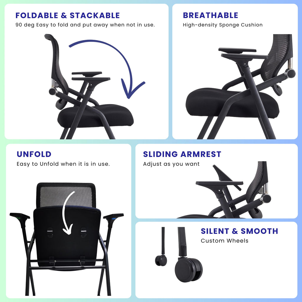 8 Pack Stackable & Foldable Conference Room Chairs with Lumbar Support, Armrest - Ergonomic Mesh Bouncing Back for Office Meeting, Conference, Reception and Training Room Chair
