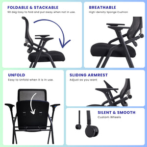 8 Pack Stackable & Foldable Conference Room Chairs with Lumbar Support, Armrest - Ergonomic Mesh Bouncing Back for Office Meeting, Conference, Reception and Training Room Chair