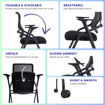 8 Pack Stackable & Foldable Conference Room Chairs with Lumbar Support, Armrest - Ergonomic Mesh Bouncing Back for Office Meeting, Conference, Reception and Training Room Chair