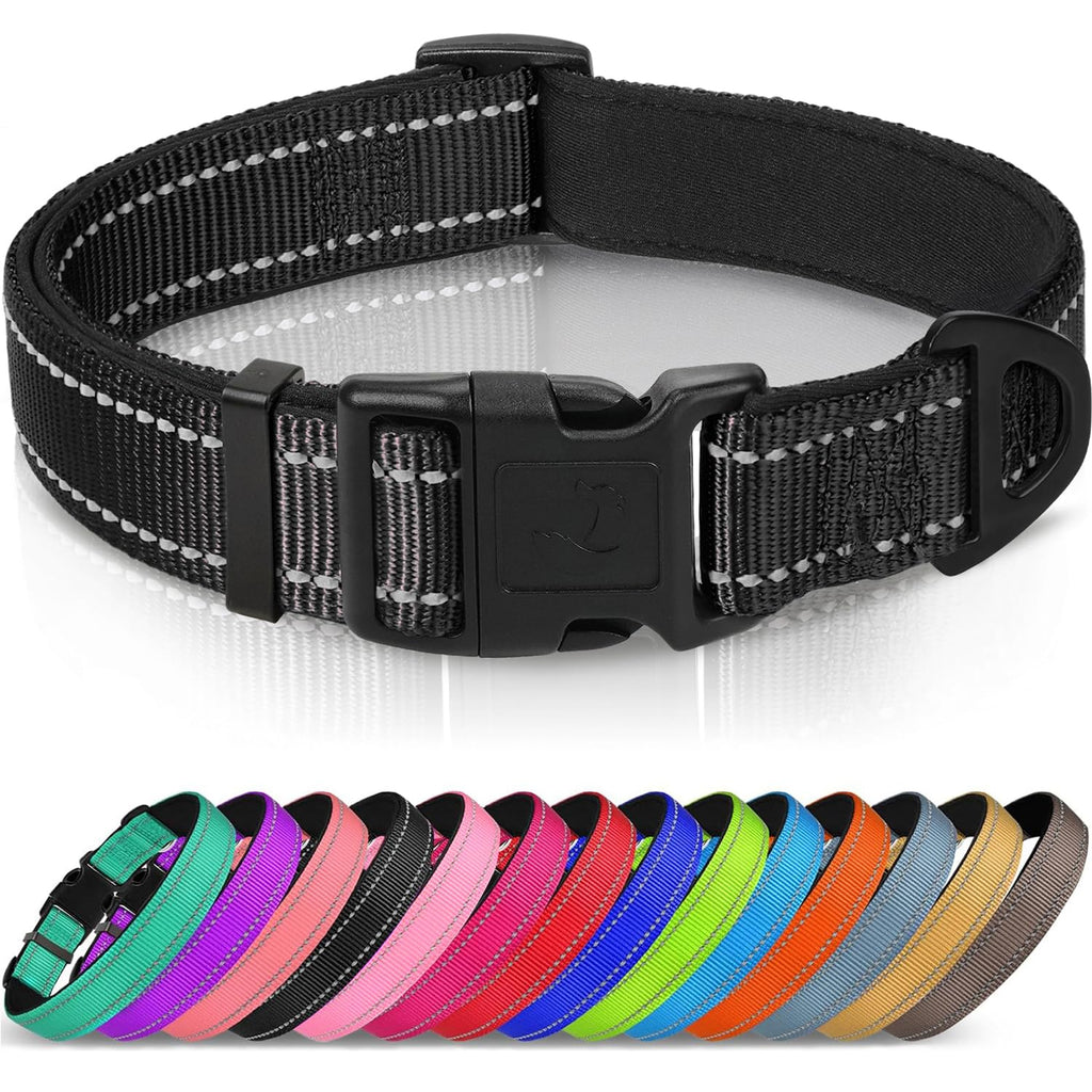 Reflective Dog Collar, Soft Neoprene Padded, Metal D-Ring, Nylon Pet Collar Adjustable for Small Dogs, Black, S