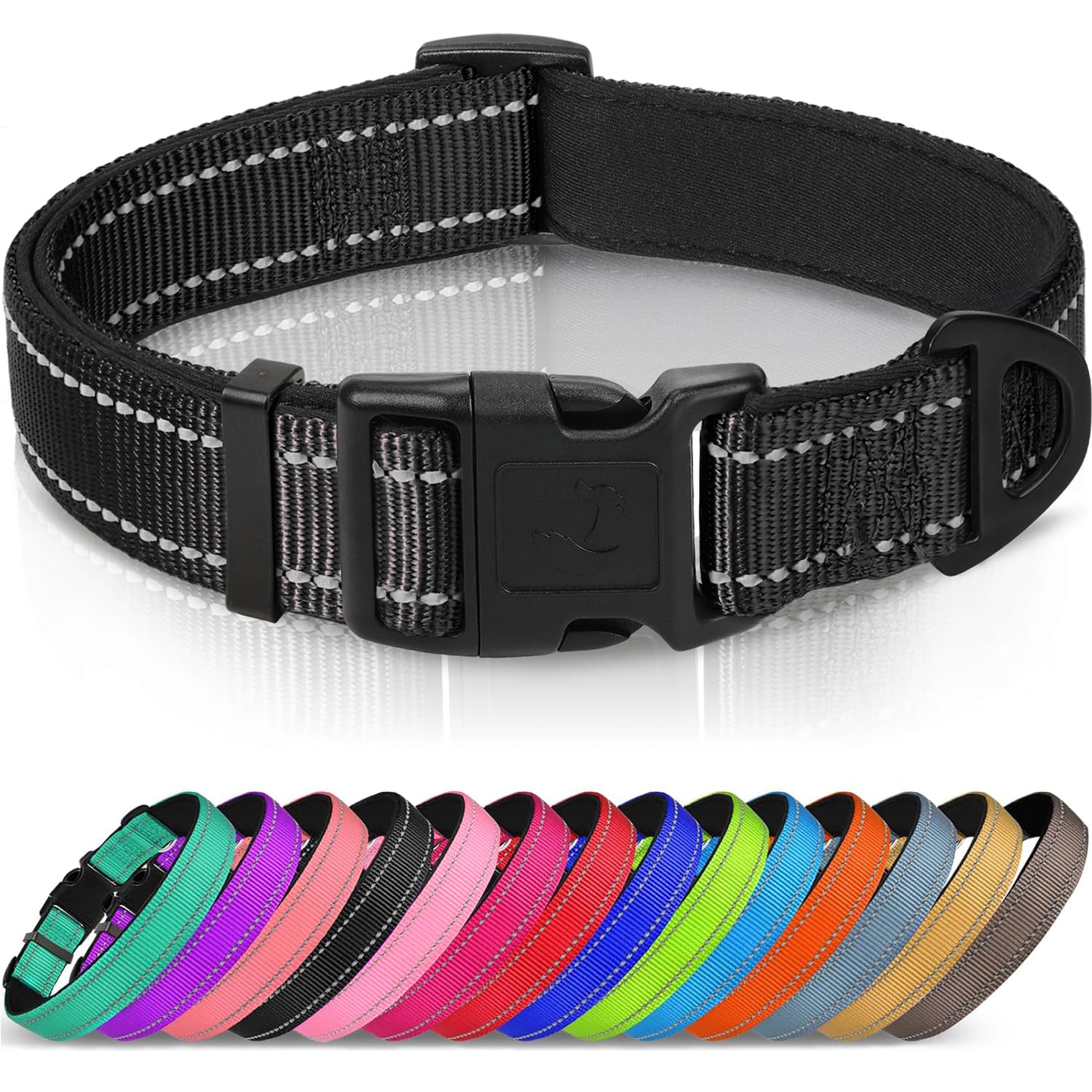 Reflective Dog Collar, Soft Neoprene Padded, Metal D-Ring, Nylon Pet Collar Adjustable for Small Dogs, Black, S