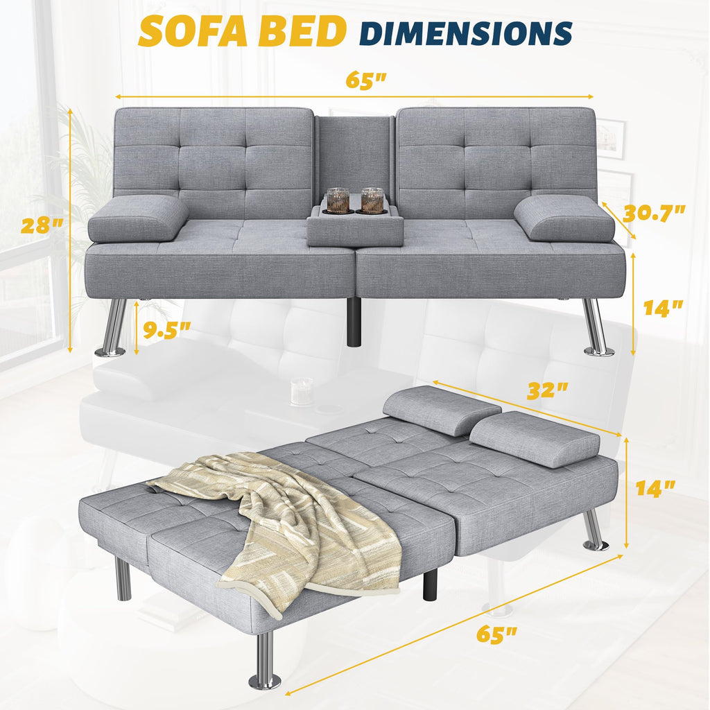 Sofa Bed Adjustable Futon Couch Sleeper Sofa Bed for Living Room, Business Office, Recliner Sofas with Cup Holders (Fabric, Light Gray)