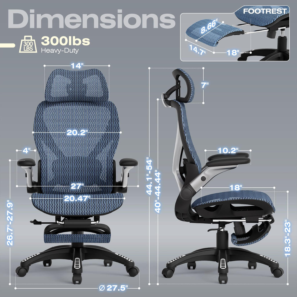 Ergonomic Office Chair with Footrest, Big and Tall Home Desk Chair with 5D Flip-Up Arms, Adjustable 3D Lumbar Support,High Back Rolling Computer Chair, Swivel Mesh Chairs (Oaxaca Blue)