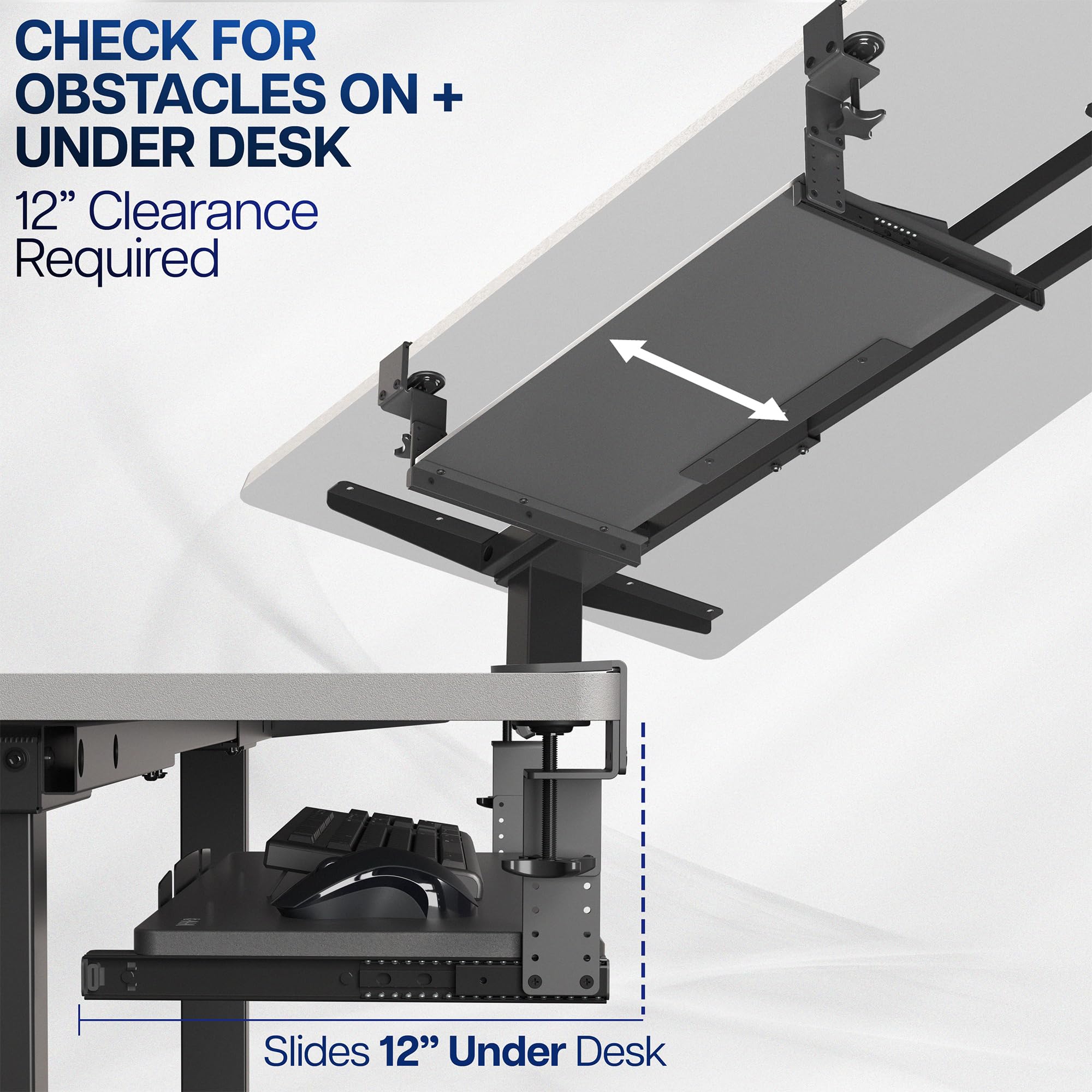 Large Height Adjustable Under Desk Keyboard Tray, C-clamp Mount System, 27 (33 Including Clamps) x 11 inch Slide-Out Platform for Typing, Light Wood, MOUNT-KB05HA