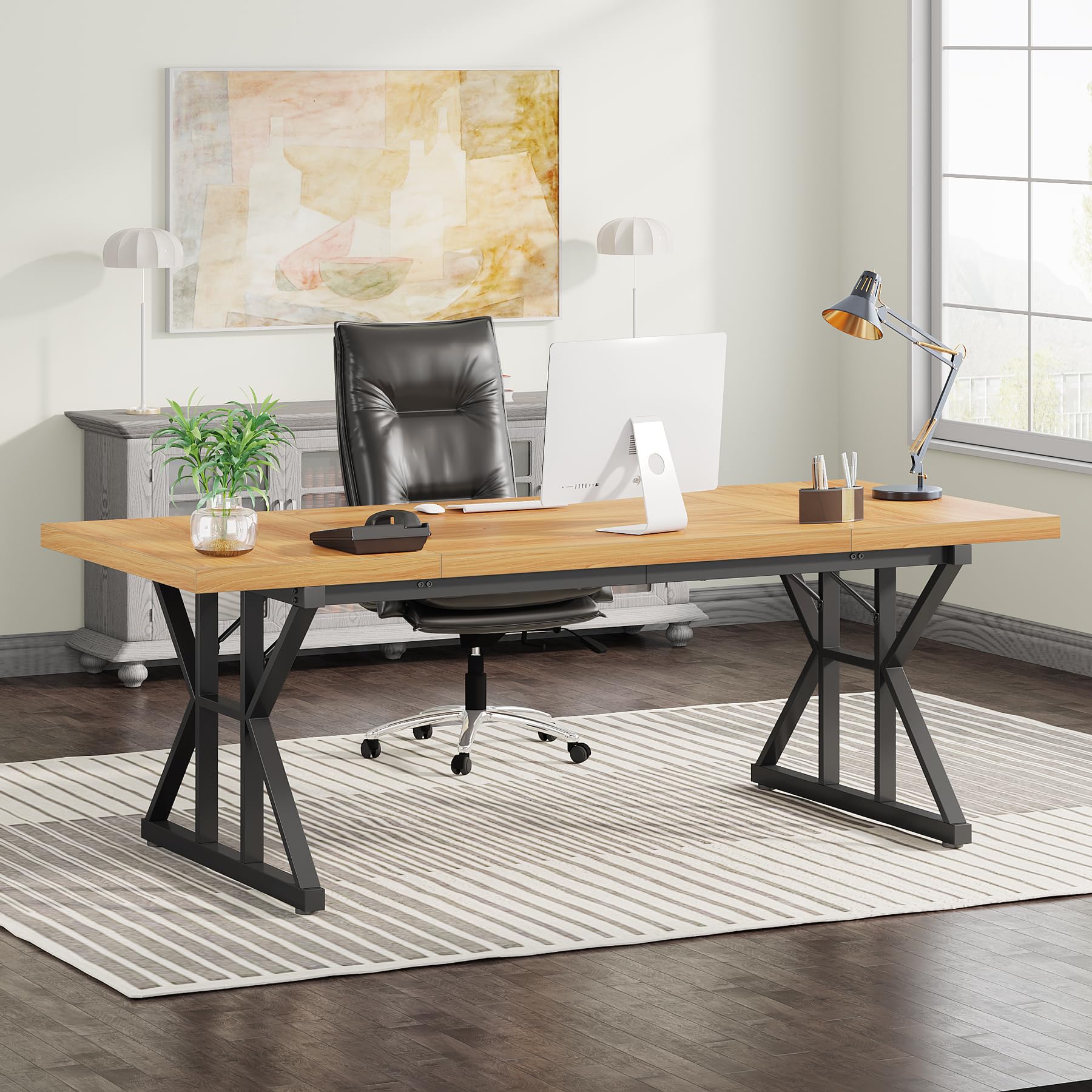 70.8-Inch Executive Desk, Large Computer Office Desk Workstation, Modern Simple Style Laptop Desk Study Writing Table Business Furniture for Home Office (Light Walnut/Black, 70.8 Inch)