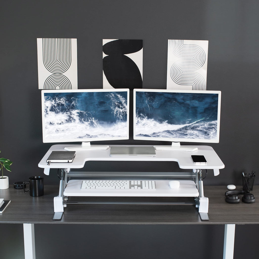42 inch Height Adjustable Stand Up Desk Converter, V Series, Quick Sit to Stand Tabletop Dual Monitor Riser Workstation, White, DESK-V000VLW