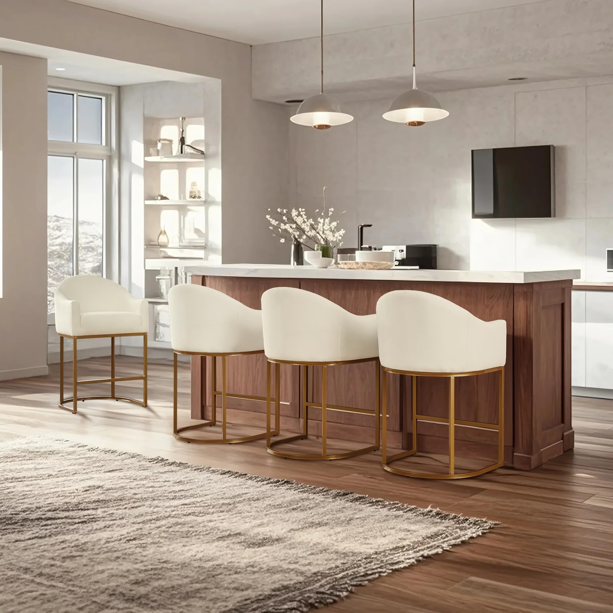 26" Modern Counter Height Bar Stools,Barstools with Arms,Kitchen Island Chairs,Fabric Upholstered Barrel Bar Stools with Backs,Metal Gold Frames,Off White Linen