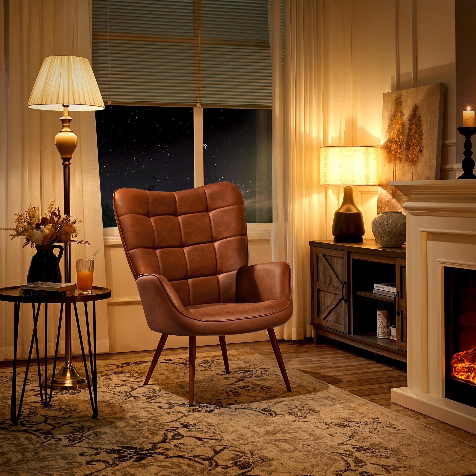 Accent Chairs, Large PU Leather High-Back Chair w/Metal Legs, Pottery Barn Style Living Room Chairs for Bedroom/Home Office, Camel