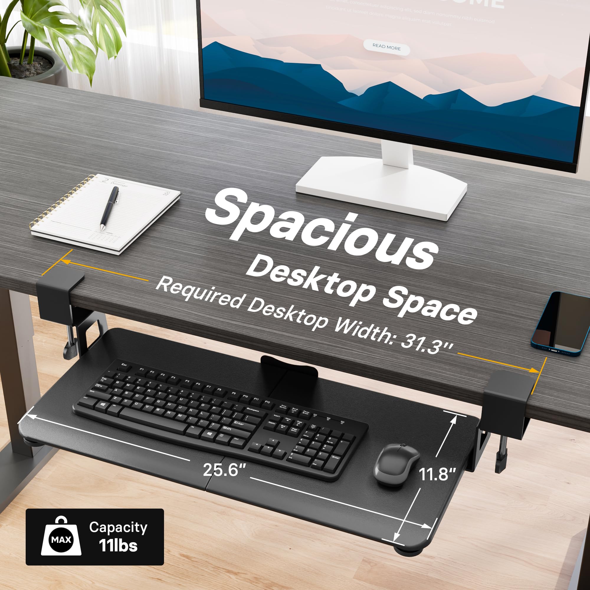 KMT01 Under Desk Keyboard Tray, Pull-Out Keyboard & Mouse Platform with C-Clamp, 25.6 x 11.8 in Space-Saving Ergonomic Slide-Out Drawer, Black