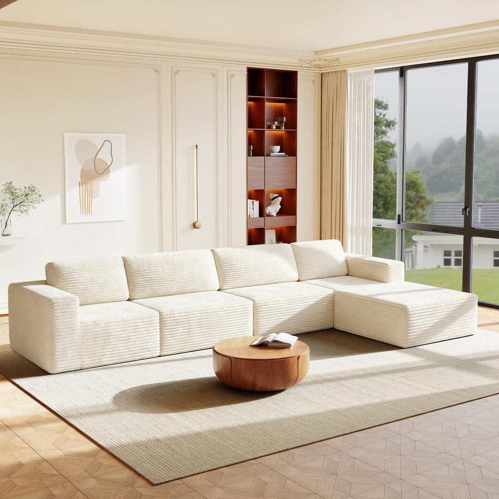 159" Large Modular Sectional Sofa, L-Shaped Corduroy Cloud Couch with Deep Seats & Spring Support, 4-Seater Boneless Sofa with Movable Ottoman, No Assembly Needed, Beige