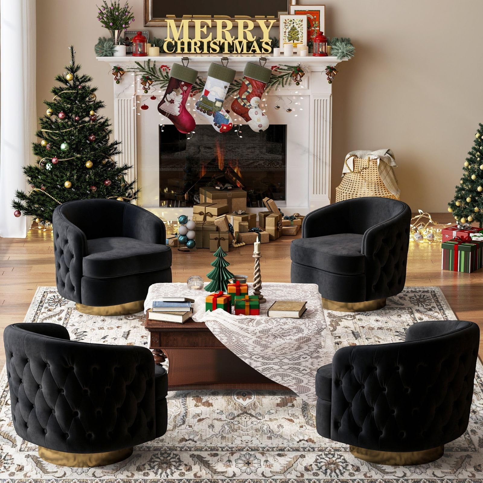 Set of 2 Black Modern Accent Chairs, Swivel Barrel Armchairs for Living Room, Button Tufted Velvet Comfy Chair, Round Upholstered Single Sofa Seating with Gold Base