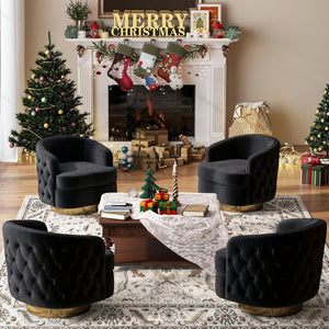 Set of 2 Black Modern Accent Chairs, Swivel Barrel Armchairs for Living Room, Button Tufted Velvet Comfy Chair, Round Upholstered Single Sofa Seating with Gold Base