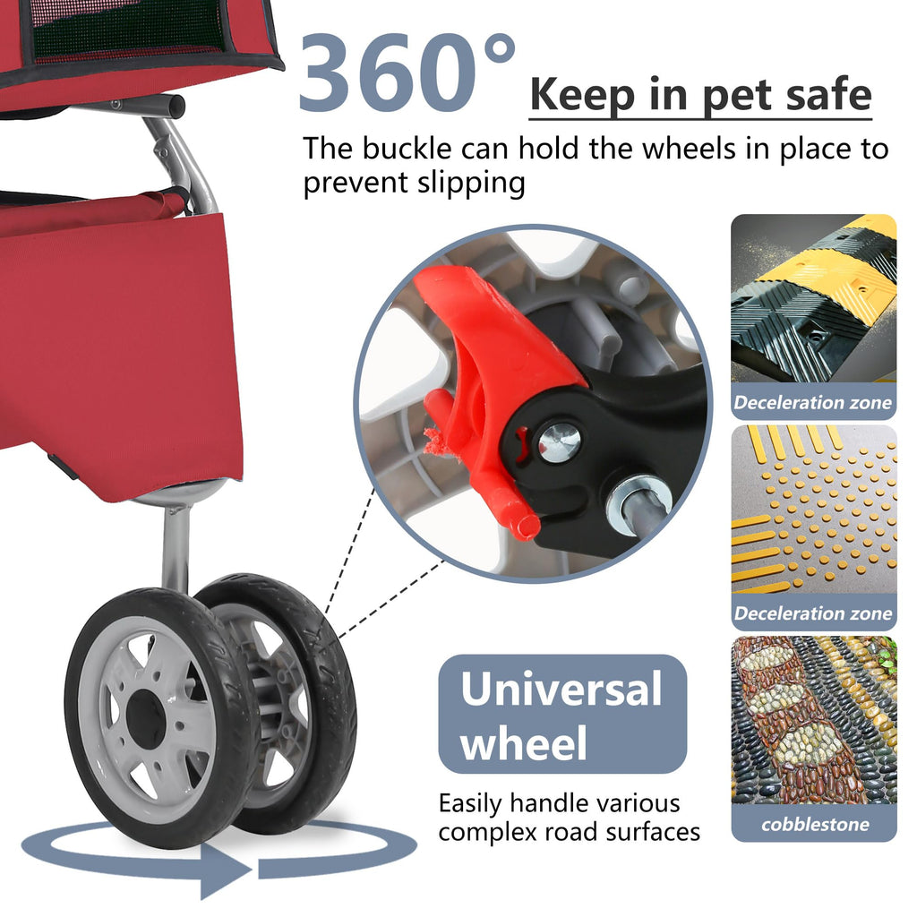 Pet Stroller 3-Wheel Durable Foldable Cat Dog Stroller with Washable Liner Storage Basket Cup Holder,Red