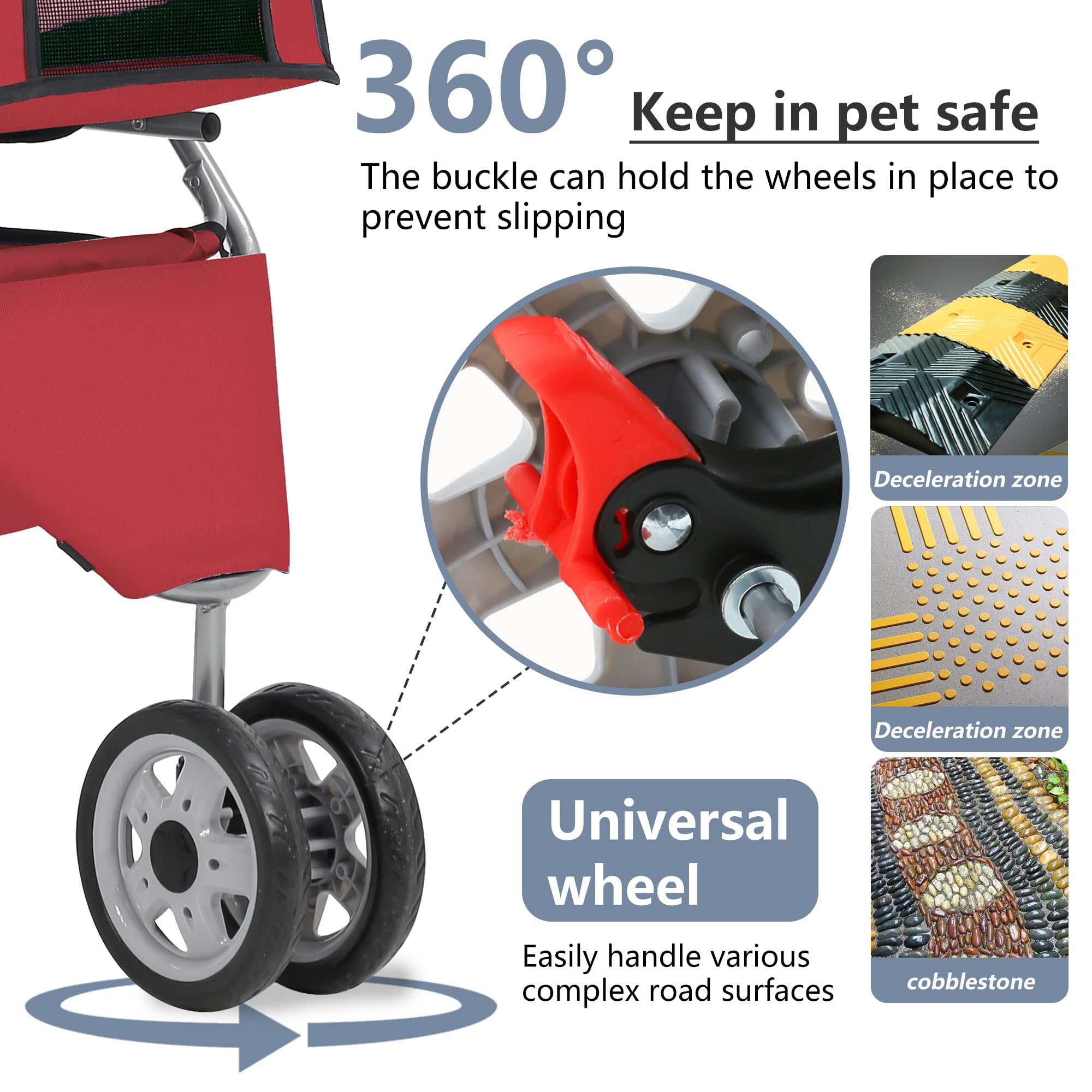 Pet Stroller 3-Wheel Durable Foldable Cat Dog Stroller with Washable Liner Storage Basket Cup Holder,Red