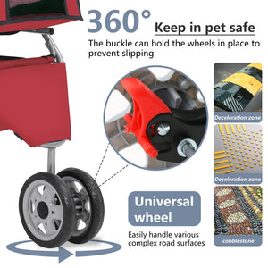 Pet Stroller 3-Wheel Durable Foldable Cat Dog Stroller with Washable Liner Storage Basket Cup Holder,Red