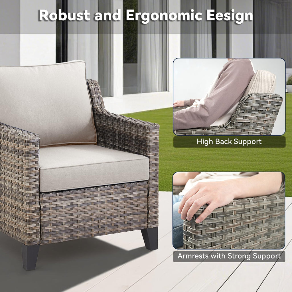 Patio Chairs Set of 2 - All Weather Rattan Wicker Outdoor Chairs with Thickened Cushions for Porch Deck Balcony Garden - Grey/Beige