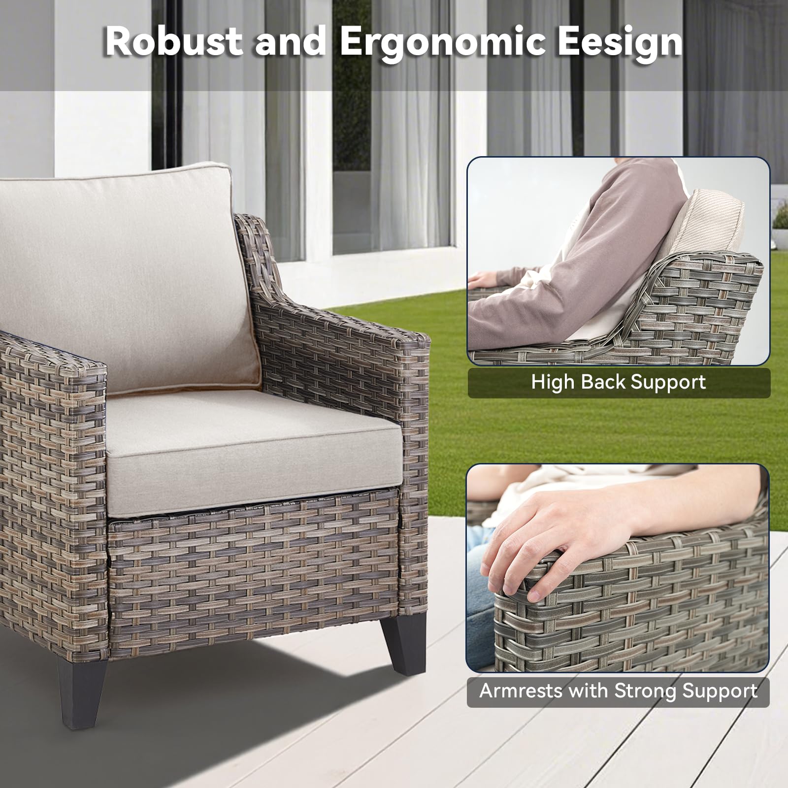 Patio Chairs Set of 2 - All Weather Rattan Wicker Outdoor Chairs with Thickened Cushions for Porch Deck Balcony Garden - Grey/Beige