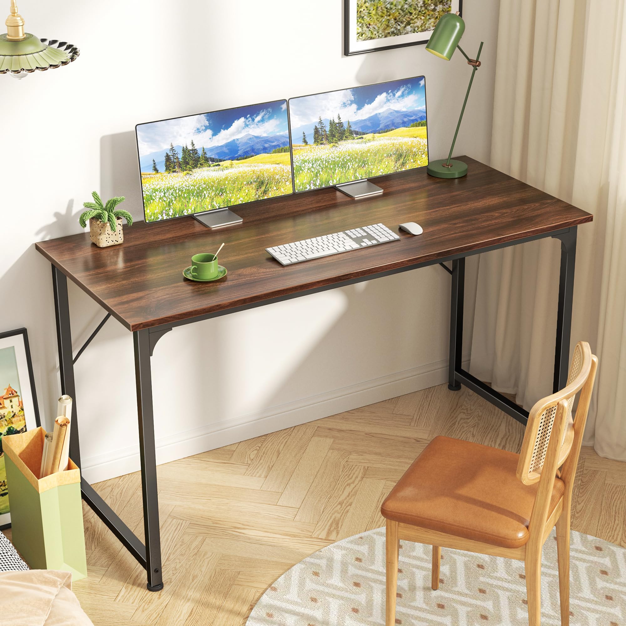Computer Desk, 48 Inch Office Desk, Gaming Desk with Storage, Writing Desk Work Desk for Home Office, Study, Modern Simple Desk, Large Legroom, Metal Frame, Walnut