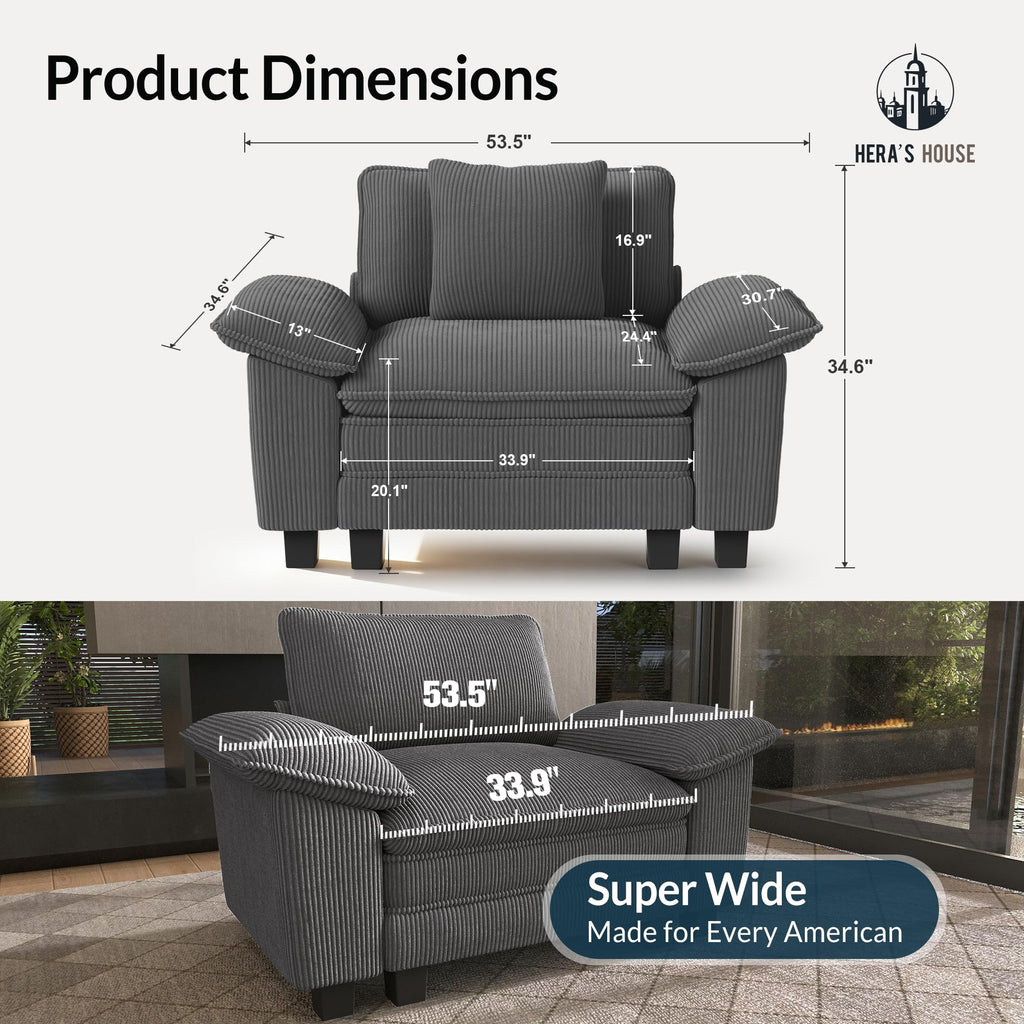 54" Modular Sectional Sofa Couches for Living Room, Comfy Cloud Couch 1-Seater Deep Seat Sofa with Throw Pillow, Corduroy Grey