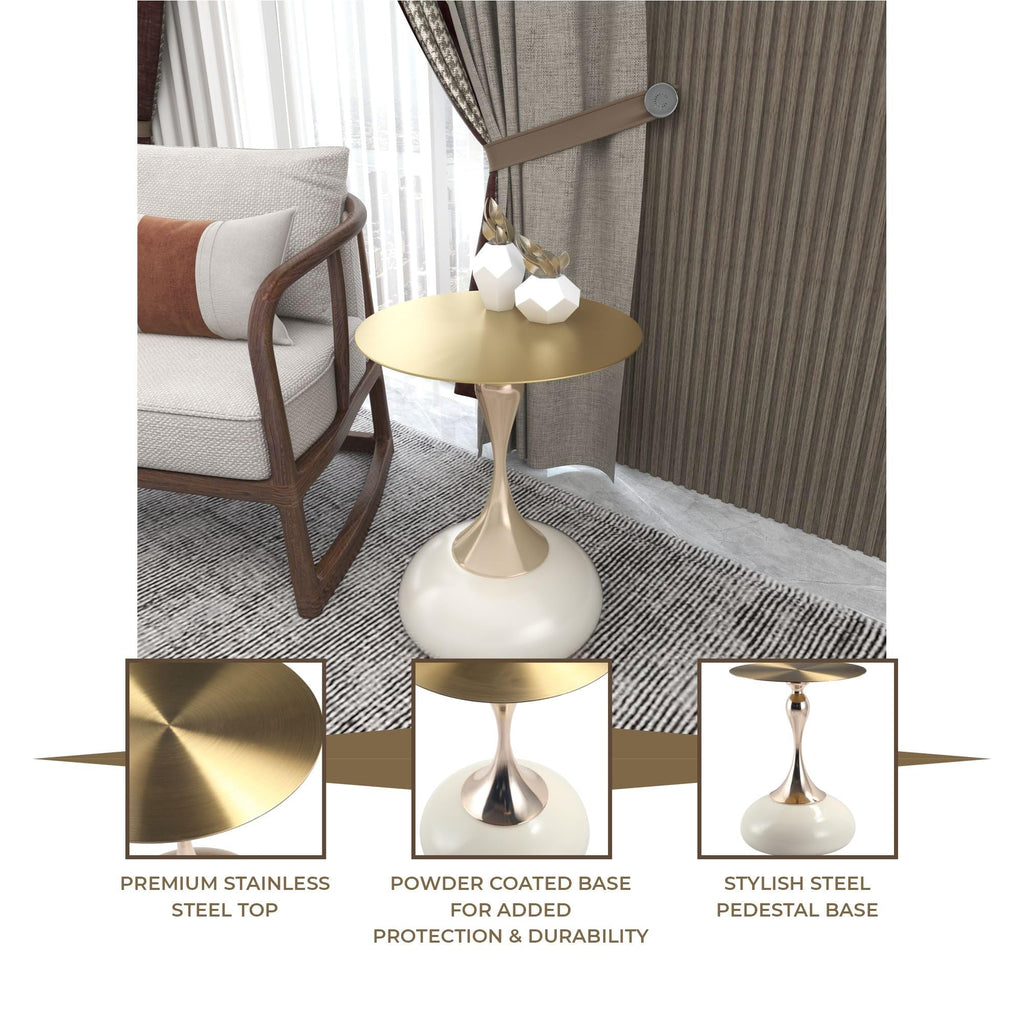 Modern Round Side Table with Gold Stainless Steel Top, Gold Pedestal Stem & Glossy Base, Accent End Table for Living Room, Bedroom, or Small Spaces, 17.7" × 21.6", White